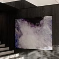 Abstract Modern Oil Painting with Purple White Blue Textured Design Hanging on Dark Wall