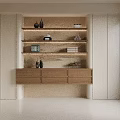 Modern Built in Bookcase Design With Wooden Shelves Books Decorative Vases and Drawers