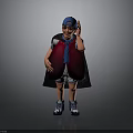 Child Dressed in Blue Cap Red Vest Black Cape and Blue Shoes