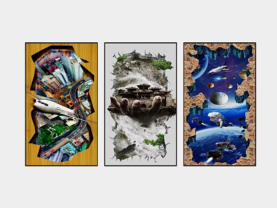Three Dimensional Creative Wall Art Prints With Airplane Tank Space Scenes 3d model