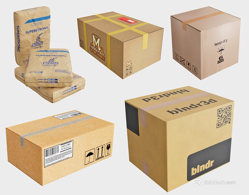 Various Cardboard Packaging Boxes With Tape Seals Labels And Stacked Designs 3d model