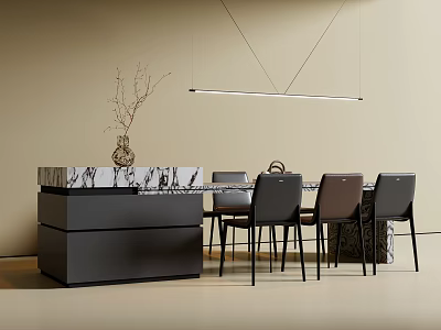 Modern Dining Table And Chairs Set With Marble Top Gray Brown Chairs And Pendant Light 3d model