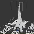Detailed Eiffel Tower Model Display with Greenery and Square Layout Design 3d model