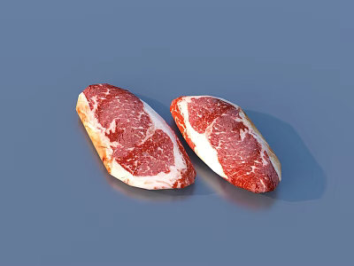 Two Pieces of Raw Beef Steaks with Marbled Texture on Blue Background 3d model
