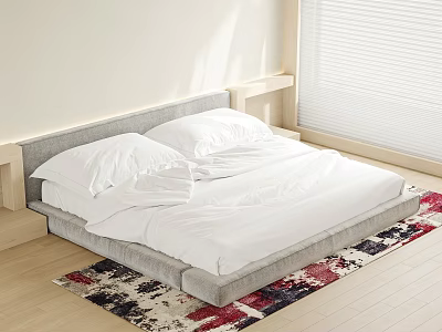 Modern Double Bed with Grey Headboard White Sheets and Colorful Rug on Wooden Floor 3d model