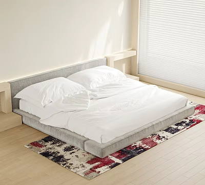 Modern Double Bed with Grey Headboard White Sheets and Colorful Rug on Wooden Floor 3d model