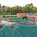 Scenic Waterfront Landscape With Curved Walkway Boats Trees And People