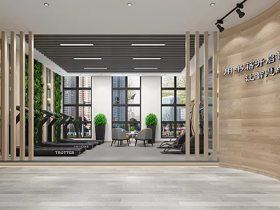 Modern Fitness Gym Interior With Treadmills Large Windows Green Plants And Rest Area 3d model