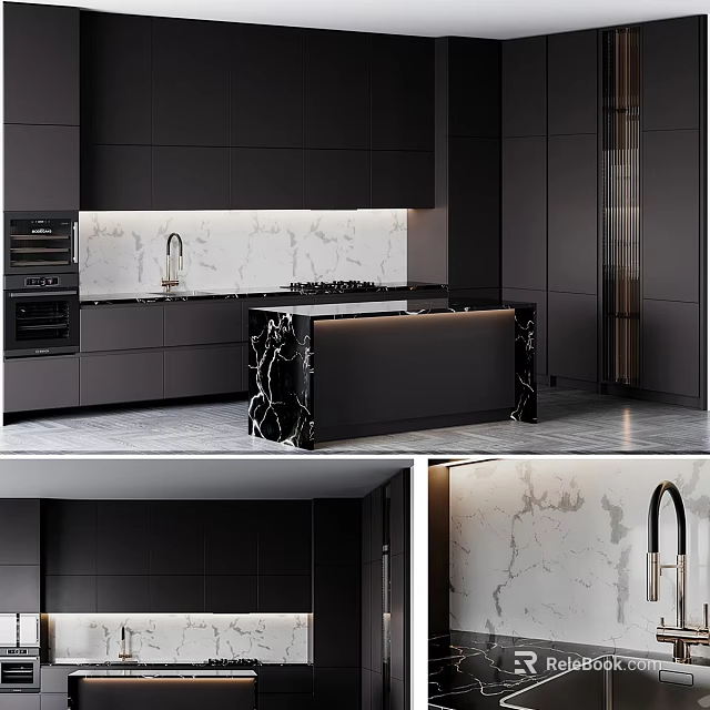 Modern Black Kitchen Cabinets With Marble Backsplash And Island Counter Design 3d model 