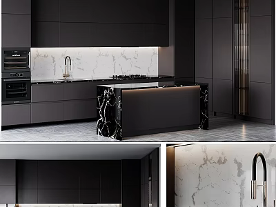 Modern Black Kitchen Cabinets With Marble Backsplash And Island Counter Design 3d model