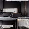 Modern Black Kitchen Cabinets With Marble Backsplash And Island Counter Design