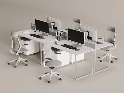 Modern Office Desk Setup with Multiple Computer Monitors Ergonomic Office Chairs and Minimalist White Design 3d model
