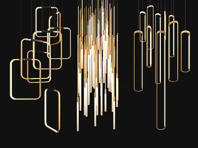 Modern Geometric Gold Chandelier With Linear Pendant Design And Hanging Elements 3d model