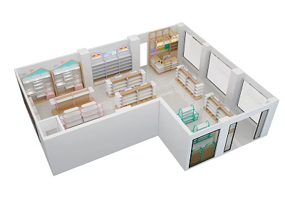Spacious Modern Specialty Store Interior With Organized Shelves And Display Areas 3d model