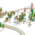 Wooden Dolls Play Scenes With Mountains Trees Small Houses Train Tracks And Bridge