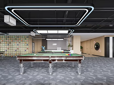Modern Clubhouse Space With Billiard Table And Stylish Ceiling Lights 3d model