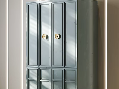 Modern Minimalist Light Blue Wooden Wardrobe With Brass Round Handles And Matte Finish 3d model