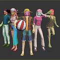 Vibrant Cartoon Characters In Different Outfits Male Female Standing In Line Holding Beach Ball