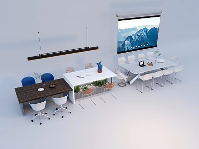Modern Office Conference Table With Ergonomic Chairs Projector Screen And Potted Plants 3d model