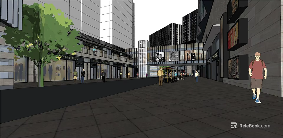 Urban Modern Commercial Street With Tall Buildings Shop Fronts And Pedestrians 3d model 