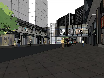 Urban Modern Commercial Street With Tall Buildings Shop Fronts And Pedestrians 3d model