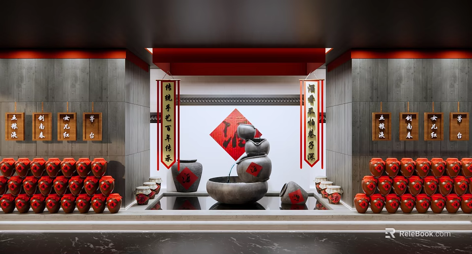 Traditional Chinese Style Wine Cellar With Red Wine Jars And Decorative Elements 3d model 
