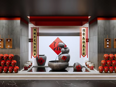 Traditional Chinese Style Wine Cellar With Red Wine Jars And Decorative Elements 3d model