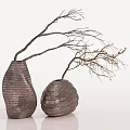 Two Decorative Textured Vases With Dried Branches For Modern Home Decor 3d model