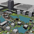 Modern High Rise Industrial Factory Architecture With Glass Curtain Walls And Water Feature