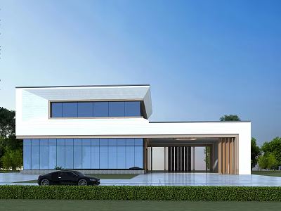 Modern Detached Villa Design With Large Glass Windows White Exterior Lawn And Black Car 3d model