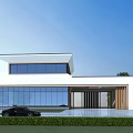 Modern Detached Villa Design With Large Glass Windows White Exterior Lawn And Black Car