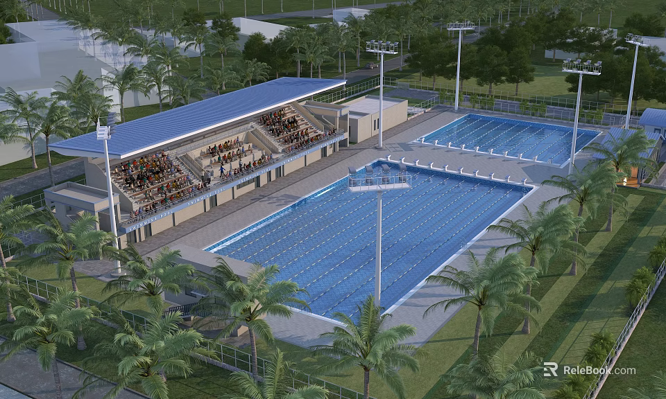 Outdoor Swimming Complex With Multiple Pools Spectator Stands And Surrounding Palm Trees 3d model