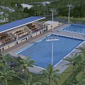 Outdoor Swimming Complex With Multiple Pools Spectator Stands And Surrounding Palm Trees 3d model