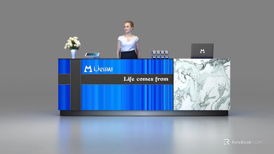 Mieana Reception Desk with Blue Design Marble Texture Vase Laptop and Receptionist 3d model 