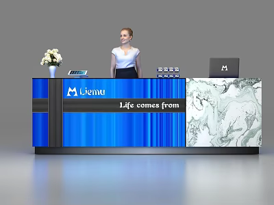 Mieana Reception Desk with Blue Design Marble Texture Vase Laptop and Receptionist 3d model