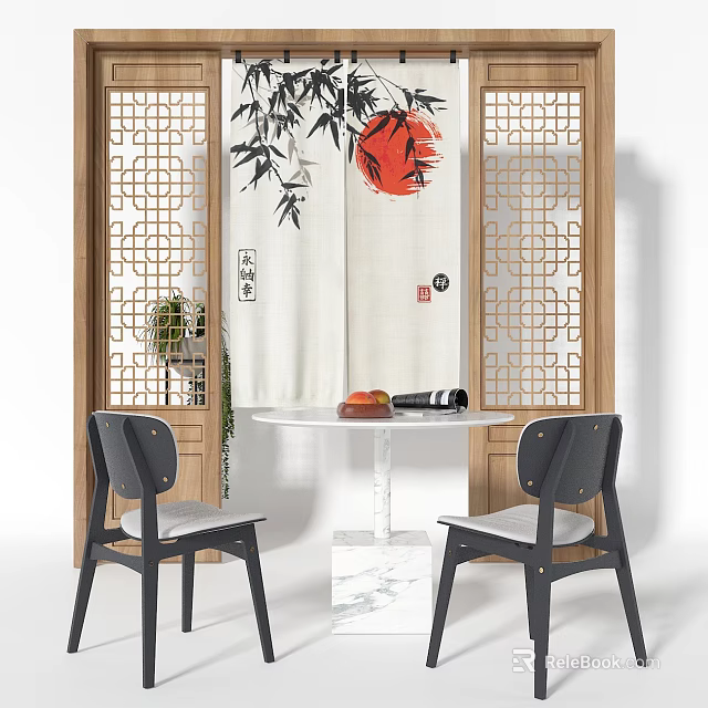 Decorative Chinese Curtain With Bamboo Red Sun Pattern In Dining Area With Lattice Screens 3d model 