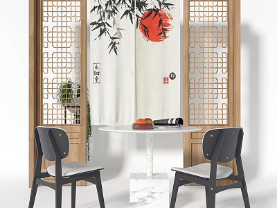Decorative Chinese Curtain With Bamboo Red Sun Pattern In Dining Area With Lattice Screens 3d model