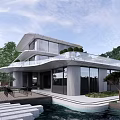 Modern Courtyard Garden With Villa Swimming Pool Terrace And Green Plants