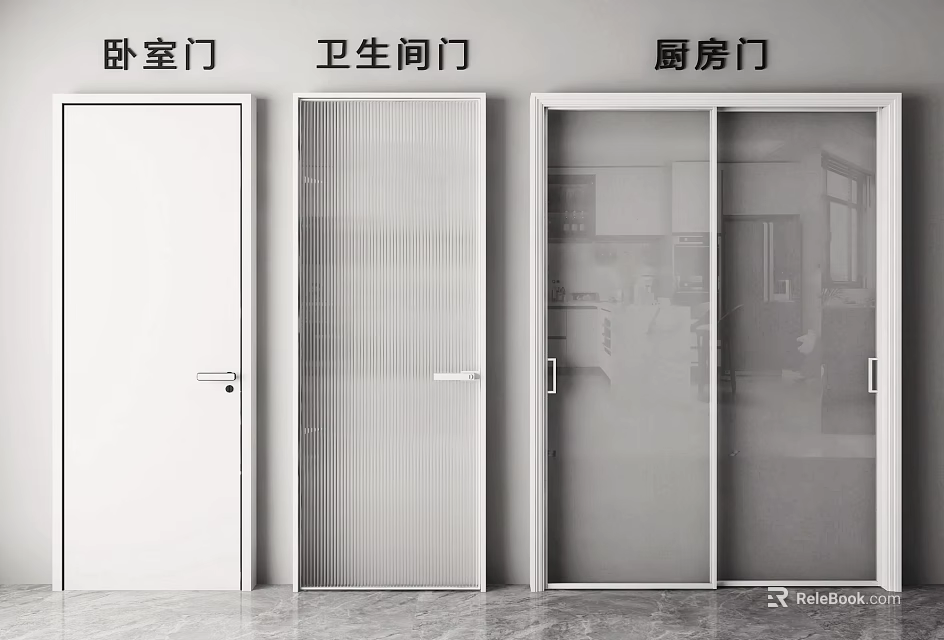 Modern Hinged Doors For Bedroom And Bathroom With White And Glass Panel Design 3d model 