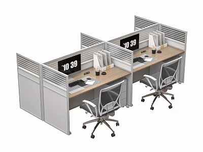Modern Office Workstations With Partition Computer Monitors Keyboard Mouse And Ergonomic Chairs 3d model