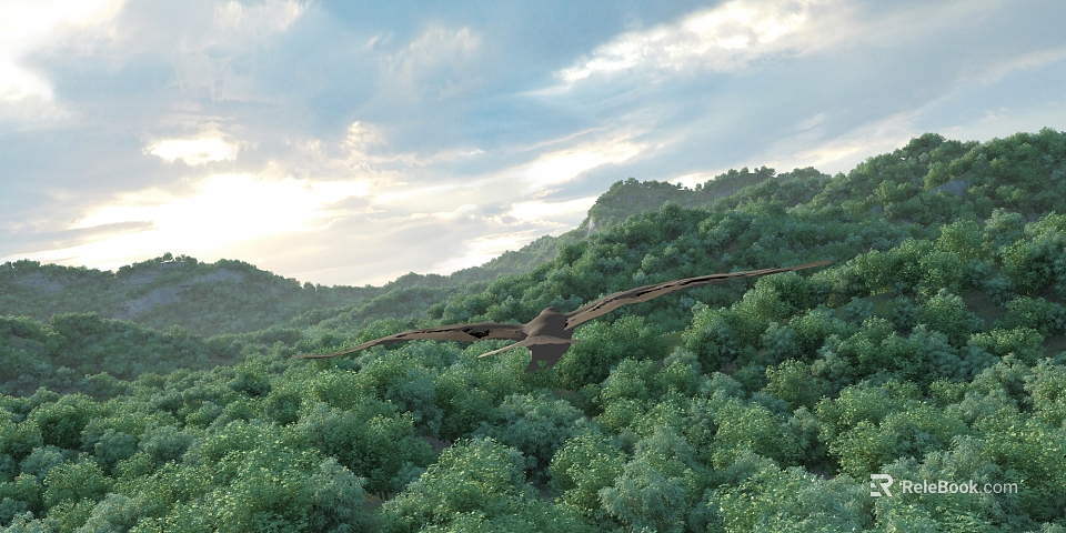 Scenic Rolling Green Mountain Landscape with Sunlight Through Clouds Dense Forest and Soaring Eagle 3d model 