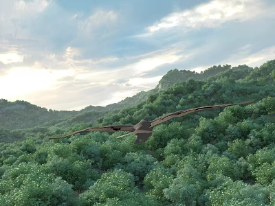 Scenic Rolling Green Mountain Landscape with Sunlight Through Clouds Dense Forest and Soaring Eagle 3d model