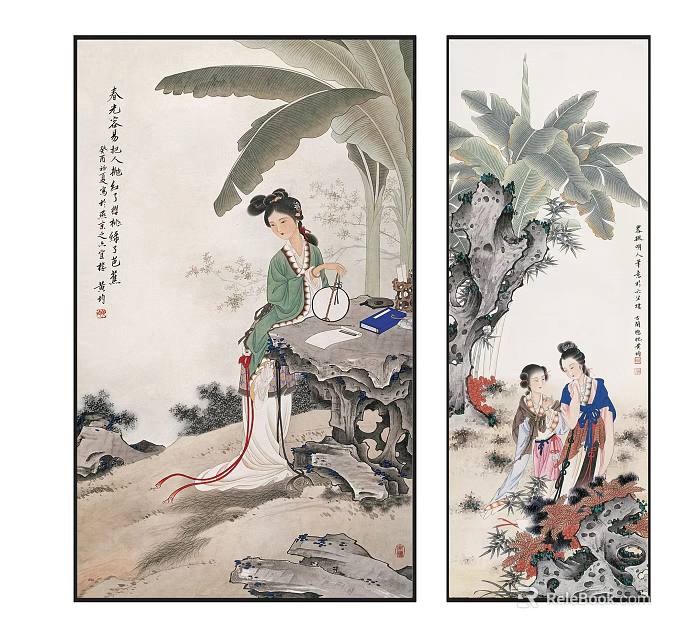 Traditional Chinese Figure Paintings Depicting Female Figures And Children In Traditional Attire With Natural Scenery 3d model 