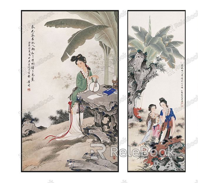 Chinese Figure Painting Fresh and Elegant Character Landscape Hanging Painting Combination model