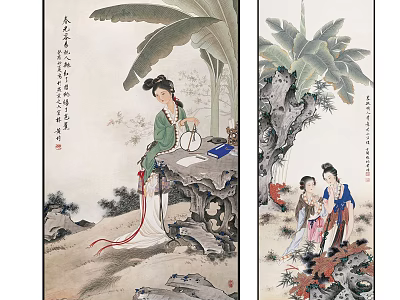 Traditional Chinese Figure Paintings Depicting Female Figures And Children In Traditional Attire With Natural Scenery 3d model