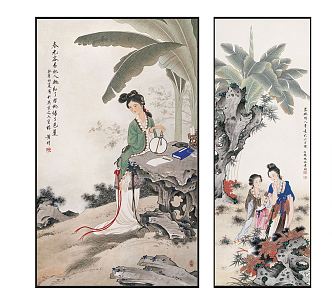 Chinese Figure Painting Fresh and Elegant Character Landscape Hanging Painting Combination 3d model