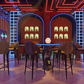 Elegant Modern Bar Interior With Neon Lights Bar Counter High Chairs And Wine Cabinets