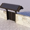 Traditional Style Gate With Dark Tiled Roof And Stone Walls Set On Paved Ground