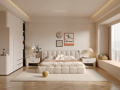Modern Beige Bedroom Interior With Large Bed Nightstands Table Lamps Rug And Bay Window 3d model