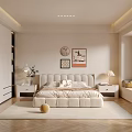 Modern Beige Bedroom Interior With Large Bed Nightstands Table Lamps Rug And Bay Window